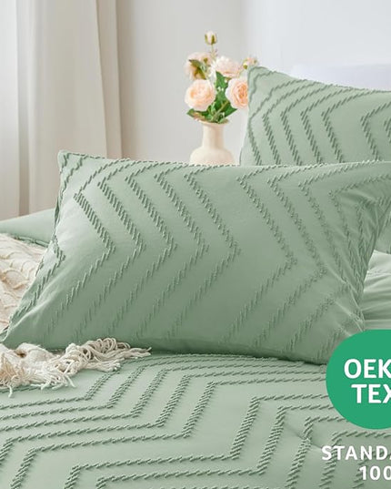 CozyLux Full Size Comforter Set Sage Green - 3 Pieces Boho Tufted Shabby Chic Bedding Comforter Set for All Seasons, Chevron Bedding Sets with Comforter & 2 Pillow Shams - LeafyLoom