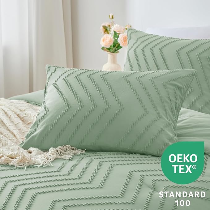CozyLux Full Size Comforter Set Sage Green - 3 Pieces Boho Tufted Shabby Chic Bedding Comforter Set for All Seasons, Chevron Bedding Sets with Comforter & 2 Pillow Shams - LeafyLoom