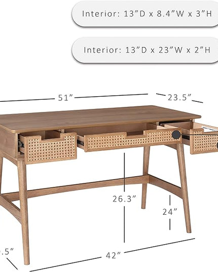 Linon Natural Dutton Wood and Rattan Desk - LeafyLoom