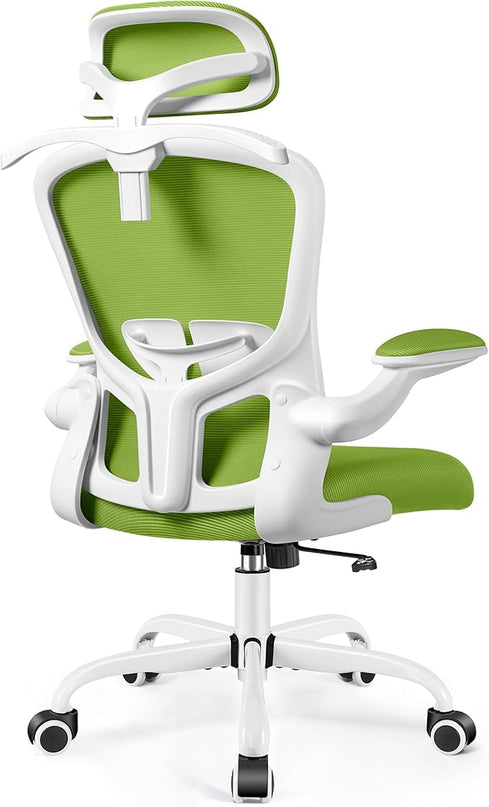 FelixKing Office Chair with Headrest, Ergonomic Desk Chair with Wheels, Task Swivel Comfy Chair with Adjustable Lumbar Support, Breathable Mesh Computer Chair with flip-up Armrests (Green) - LeafyLoom