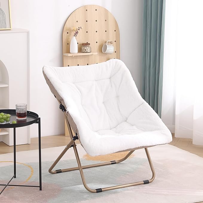 Tiita Comfy Saucer Chair, Soft Faux Fur Oversized Folding Accent Chair, Lounge Lazy Chair for Kids Teens Adults, Metal Frame Moon Chair for Bedroom, Living Room, Dorm Rooms - LeafyLoom