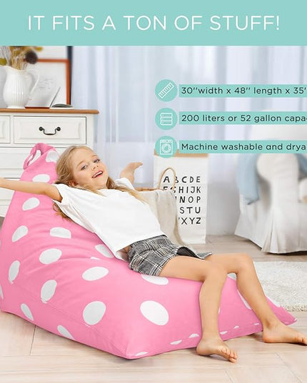 Aubliss Stuffed Animal Storage Bean Bag Chairs Cover, 50"x 35" Extra Large Bean Bags Chair for Kids & Adults, Beanbag Toy Storage for Boys Girls - Premium Cotton Canvas Pink Dot - LeafyLoom