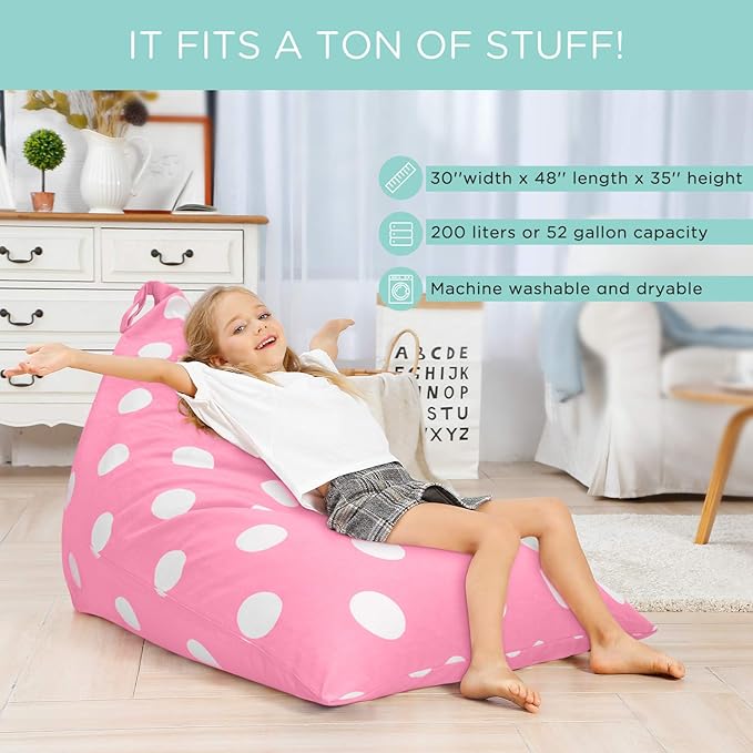 Aubliss Stuffed Animal Storage Bean Bag Chairs Cover, 50"x 35" Extra Large Bean Bags Chair for Kids & Adults, Beanbag Toy Storage for Boys Girls - Premium Cotton Canvas Pink Dot - LeafyLoom