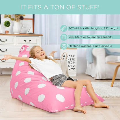 Aubliss Stuffed Animal Storage Bean Bag Chairs Cover, 50"x 35" Extra Large Bean Bags Chair for Kids & Adults, Beanbag Toy Storage for Boys Girls - Premium Cotton Canvas Pink Dot - LeafyLoom
