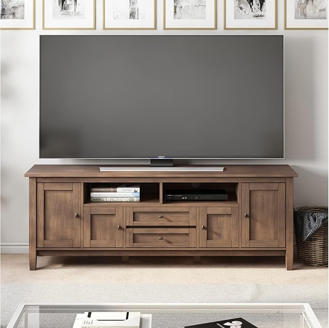 SIMPLIHOME Warm Shaker SOLID WOOD 72 Inch Wide Transitional TV Media Stand in Rustic Natural Aged Brown for TVs up to 80 Inches, For the Living Room and Entertainment Center - LeafyLoom