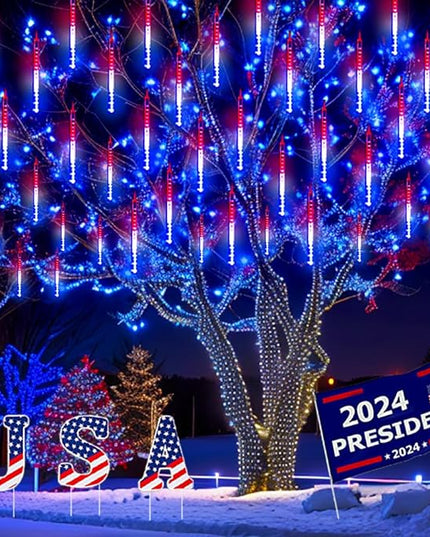 Kwaiffeo 4th of July Decorations Outdoor, Red White Blue Meteor Shower Lights for Independence National Memorial Day, Patriotic Flag Lights for 2024 American President Election Campaign, 8 Tubes Kwaiffeo