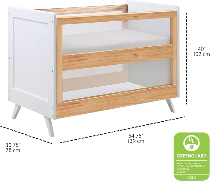 BreathableBaby Breathable Mesh 3-in-1 Convertible Crib (Toddler Bed Kit Sold Separately) — Beech & White — Two Adjustable Mattress Heights — Greenguard Gold Certified - LeafyLoom
