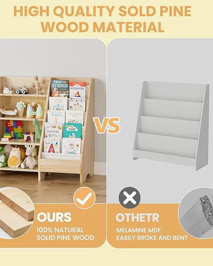 Kids Bookshelf, Solid Wood Bookshelf Bookcase Storage Organizer for Children, 4 Tier Bookshelf 5 Layer Sling Bookcase Toddler Book Rack Storage Organizer for Kids Room Nursery Play Room Kindergarten - LeafyLoom