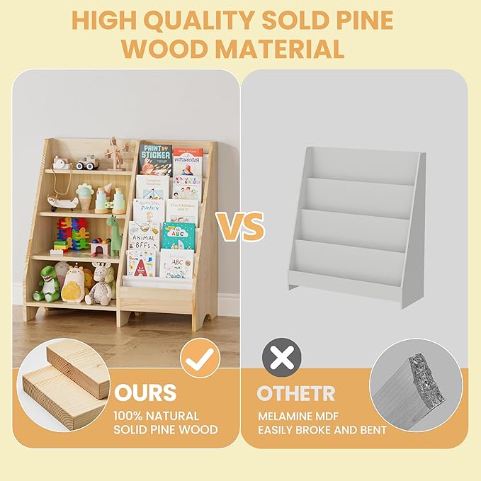 Kids Bookshelf, Solid Wood Bookshelf Bookcase Storage Organizer for Children, 4 Tier Bookshelf 5 Layer Sling Bookcase Toddler Book Rack Storage Organizer for Kids Room Nursery Play Room Kindergarten - LeafyLoom