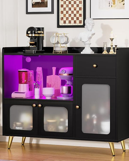 Cyclysio Sideboard Buffet Cabinet with Power Outlet, Kitchen Cabinet with LED Lights, Large Bar Cart Accent Buffet Cabinet with Door for Bedroom, Living Room, Kitchen, Hallway, Black - LeafyLoom