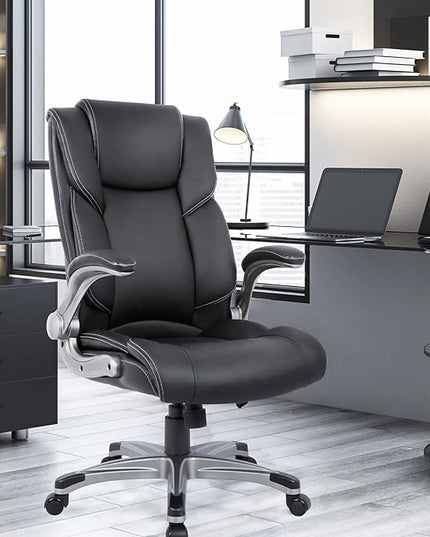 COLAMY High Back Executive Office Chair- Ergonomic Home Computer Desk Leather Chair with Padded Flip-up Arms, Adjustable Tilt Lock, Swivel Rolling Chair for Adult Working Study-Black - LeafyLoom