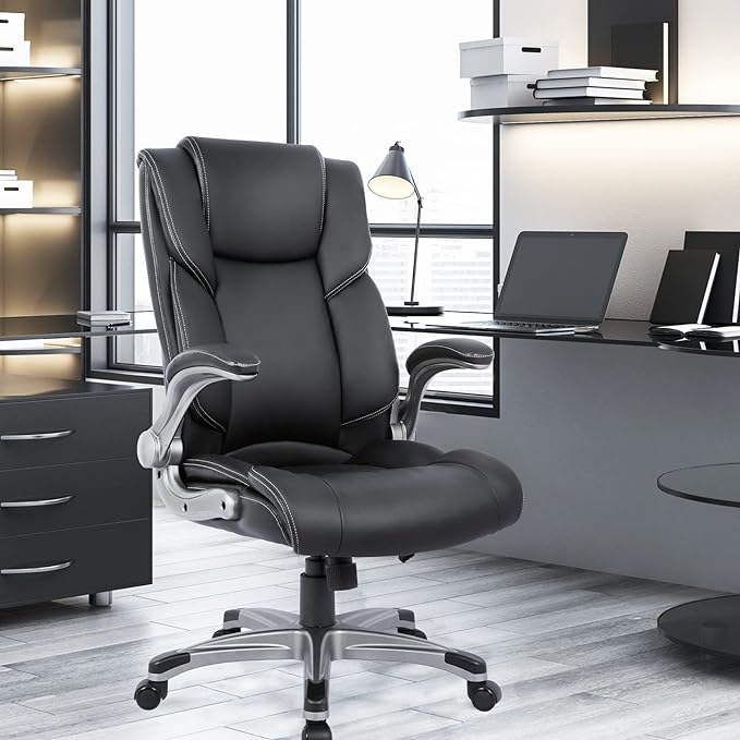 COLAMY High Back Executive Office Chair- Ergonomic Home Computer Desk Leather Chair with Padded Flip-up Arms, Adjustable Tilt Lock, Swivel Rolling Chair for Adult Working Study-Black - LeafyLoom