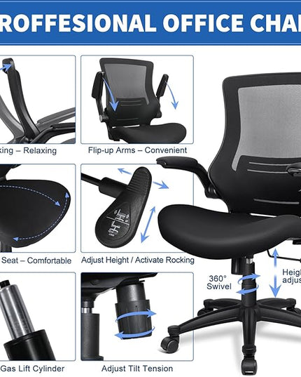 Ergonomic Mesh Office Chair Mid Back Swivel Desk Chair Black Computer Chair with Flip-Up Armrests Lumbar Support Adjustable Height Task Chairs - LeafyLoom