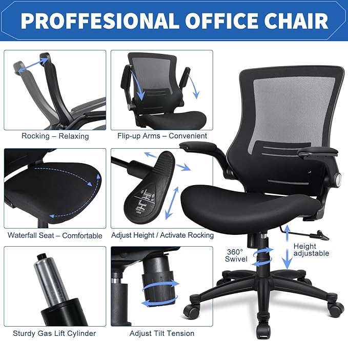 Ergonomic Mesh Office Chair Mid Back Swivel Desk Chair Black Computer Chair with Flip-Up Armrests Lumbar Support Adjustable Height Task Chairs - LeafyLoom