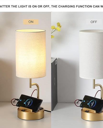 Dreamholder Table Lamp with 3 USB Charging Ports, Modern Desk Lamp with AC Outlet and Phone Stands, Perfect Bedside Lamp for Bedroom, Living Room, Office (Pack of 2), Gold - LeafyLoom