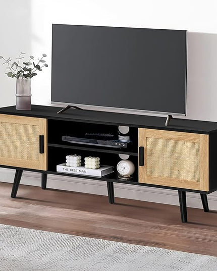Iwell Rattan TV Stand for 60 Inch TV, Entertainment Center with 2 Cabinets & Adjustable Shelf, Rattan TV Console, Media Console for Living Room, Black+Natural - LeafyLoom