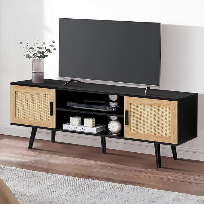 Iwell Rattan TV Stand for 60 Inch TV, Entertainment Center with 2 Cabinets & Adjustable Shelf, Rattan TV Console, Media Console for Living Room, Black+Natural - LeafyLoom