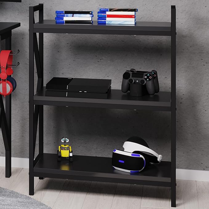 3 Shelf Bookcase - Console Table or Storage Shelf with Carbon Fiber Texture Finish and K Shaped Legs by Lavish Home (Black) - LeafyLoom