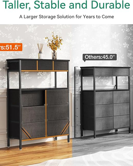 AODK Dresser with Charging Station, 52 Inches Tall Dresser for Bedroom with 9 Storage Drawers, Large Fabric Dressers for Living Room, Hallway, Dark Grey - LeafyLoom