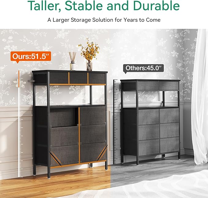 AODK Dresser with Charging Station, 52 Inches Tall Dresser for Bedroom with 9 Storage Drawers, Large Fabric Dressers for Living Room, Hallway, Dark Grey - LeafyLoom