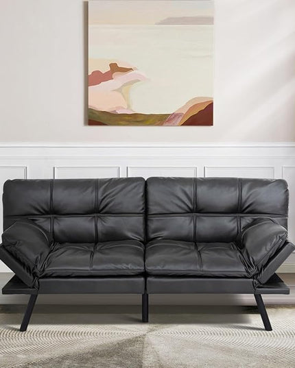MUUEGM Futon Sofa Bed Convertible Memory Foam Sleeper Couch,Modern Faux Leather Loveseat for Living Room,Small Compact Space,Dorm,Office,Adjustable Armrests Backrest Sofabed, Matte Black - LeafyLoom