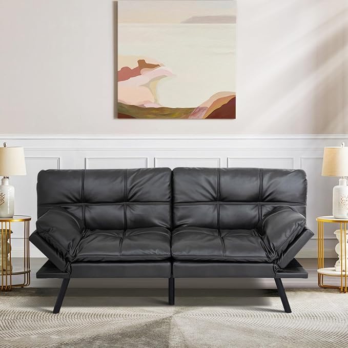 MUUEGM Futon Sofa Bed Convertible Memory Foam Sleeper Couch,Modern Faux Leather Loveseat for Living Room,Small Compact Space,Dorm,Office,Adjustable Armrests Backrest Sofabed, Matte Black - LeafyLoom