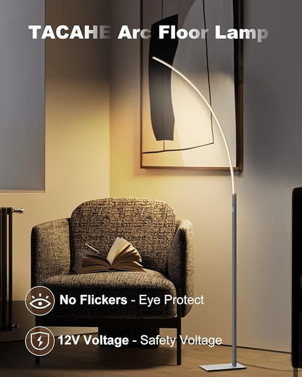 TACAHE Arc Corner Floor Lamp - 3000K Warm White & 3 Brightness Presets - Curved LED Accent Lamp with Touch Switch - 63" Modern Standing Lamp for Bedroom, Living Room - 12W - Silver - LeafyLoom