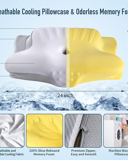 Cervical Neck Pillow Memory Foam Pillows Cooling Pillow for Neck Pain Relief, Ergonomic Orthopedic Neck Support Contour Bed Pillow for Side Back Stomach Sleepers with Washable Ice Silk Pillowcase - LeafyLoom