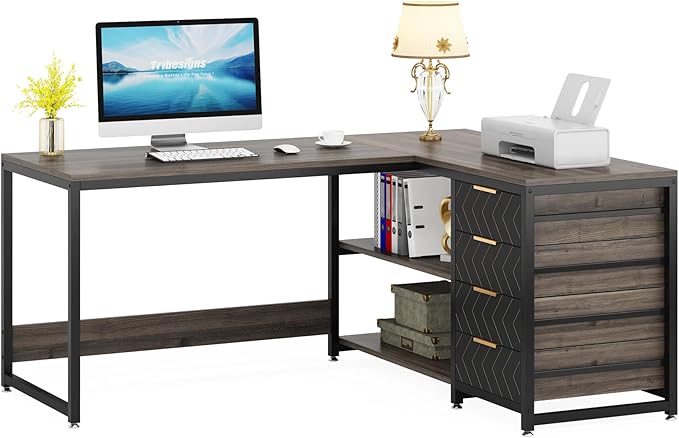 59-Inch L Shaped Desk with Drawers, Large Computer Desk with Storage Shelves, Reversible L-Shaped Corner Desk Workstation for Home Office - LeafyLoom