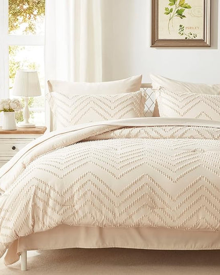 Anluoer King Bed in a Bag 7 Pieces, Beige Tufted Comforter Set with comforters and sheets, All Season Bedding Sets with 1 Comforter, 2 PillowShams, 2 Pillowcases, 1 Flat Sheet, 1 Fitted Sheet - LeafyLoom