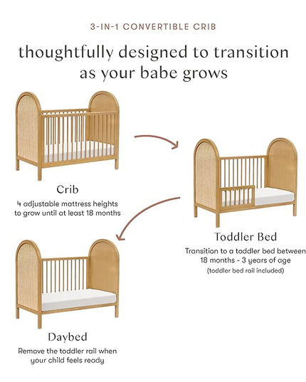 babyletto Bondi Cane 3-in-1 Convertible Crib with Toddler Bed Conversion Kit in Honey with Natural Cane, Greenguard Gold Certified - LeafyLoom
