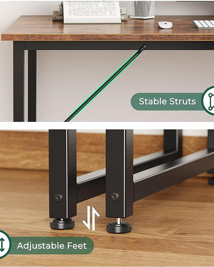 Computer Desk, 55 Inch Office Desk, Gaming Desk with Storage, Writing Desk Work Desk for Home Office, Study, Modern Simple Desk, Large Legroom, Metal Frame, Rustic Brown - LeafyLoom