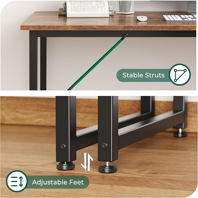 Computer Desk, 55 Inch Office Desk, Gaming Desk with Storage, Writing Desk Work Desk for Home Office, Study, Modern Simple Desk, Large Legroom, Metal Frame, Rustic Brown - LeafyLoom