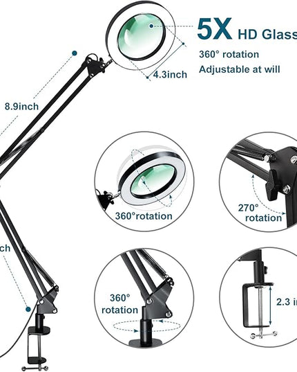 Magnifying Glass with Light and Stand 12V/1A Adapter 5X LED Magnifying Lamp 3 Color Modes Stepless Dimmable 2-in-1 Desk Magnifier with Light, for Hobby Reading Crafts Repair Reading Close Work - LeafyLoom