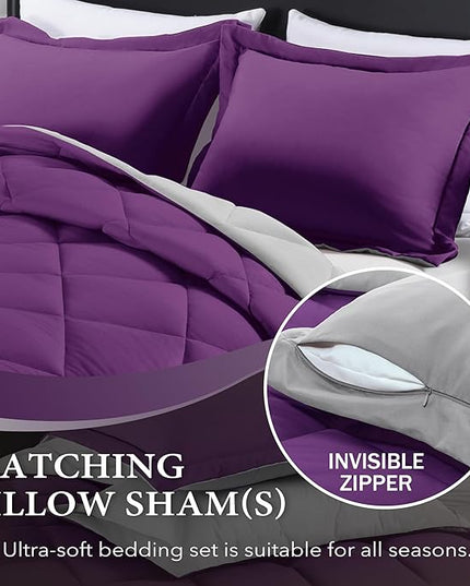 downluxe King Size Comforter Set - Purple and Grey King Comforter, Soft Bedding Sets for All Seasons -3 Pieces - 1 Comforter (104"x92") and 2 Pillow Shams(20"x36") - LeafyLoom