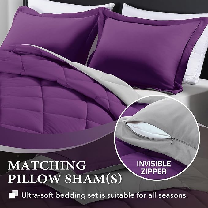 downluxe King Size Comforter Set - Purple and Grey King Comforter, Soft Bedding Sets for All Seasons -3 Pieces - 1 Comforter (104"x92") and 2 Pillow Shams(20"x36") - LeafyLoom