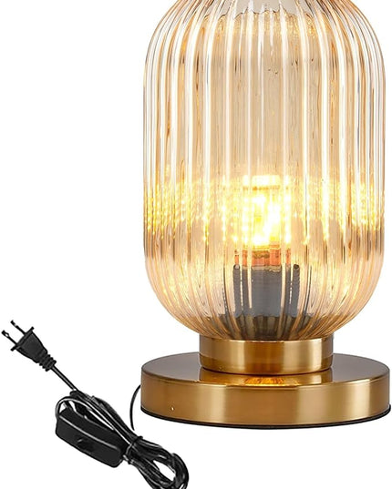Bedside Table Lamp Mid Century Glass Table Lamps Modern Globe Table lamp Gold Desk lamp nightstand lamp with Amber Pumpkin Design with Ribbed Glass Shade for Bedroom Living Room Office - LeafyLoom