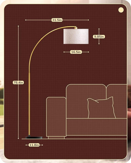 EDISHINE 78.3" Gold Arched Floor Lamp, Mid Century Modern Reading Lights Over Chair, Tall Arc Standing Lamps for Living Room for Living Room, Home Office, Reading Room, Dining Room - LeafyLoom
