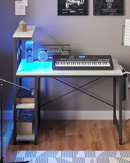 Bestier Computer Desk with 4 Tiers Shelves, Gaming Desk with LED lights, 44 Inch Office Desk with Storage Bag & Printer Shelf (Retro Grey Oak) - LeafyLoom
