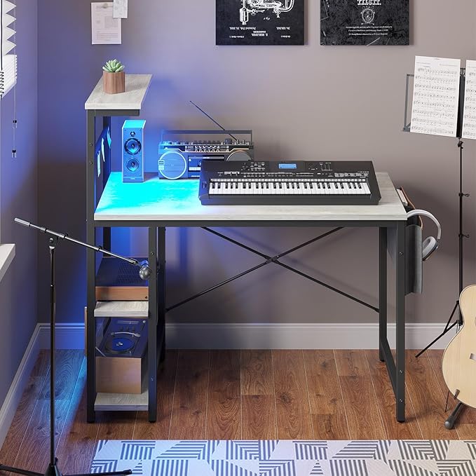 Bestier Computer Desk with 4 Tiers Shelves, Gaming Desk with LED lights, 44 Inch Office Desk with Storage Bag & Printer Shelf (Retro Grey Oak) - LeafyLoom