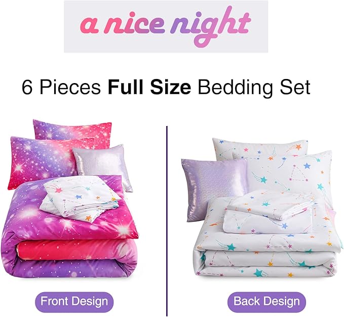A Nice Night 6Pcs Gradient Glitter Bedding Set for Girls, Colorful Rainbow Galaxy Comforter Set, Ultra Soft Bedding Sets (Pink-Purple,Full 6Pcs) - LeafyLoom