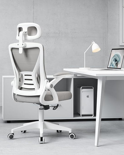 Ergonomic Office Chair, Mid Back Desk Chair with Adjustable Height, Swivel Chair with Flip-Up Arms and Lumbar Support, Breathable Mesh Computer Chair with Headrest (White and Grey) - LeafyLoom