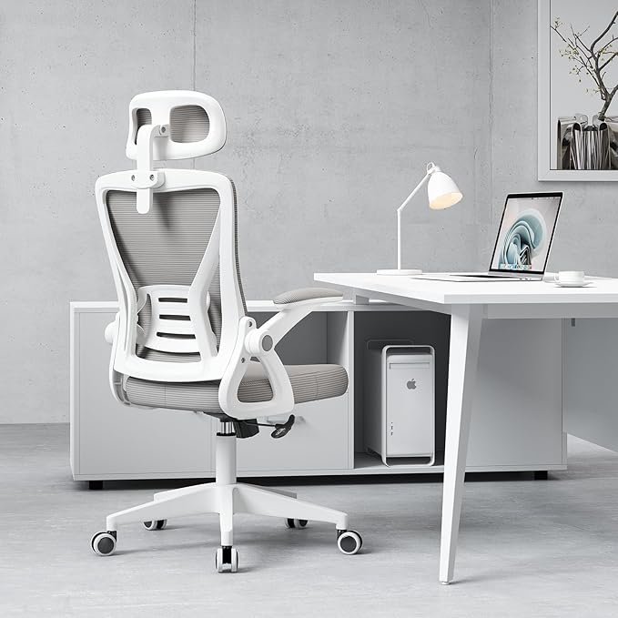Ergonomic Office Chair, Mid Back Desk Chair with Adjustable Height, Swivel Chair with Flip-Up Arms and Lumbar Support, Breathable Mesh Computer Chair with Headrest (White and Grey) - LeafyLoom