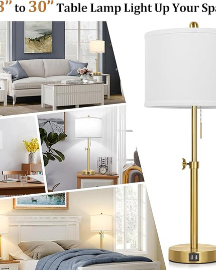 Table Lamp Set of 2, Bedside Lamp with 2 USB Ports, Gold Tall Table Lamp for Living Room End Tables, 23" to 30" Height Adjustable Table Lamp for Bedroom, Farmhouse Table Lamps with Pull Chain, E26 - LeafyLoom