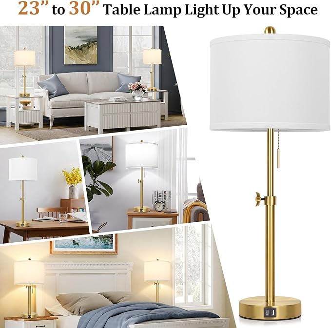 Table Lamp Set of 2, Bedside Lamp with 2 USB Ports, Gold Tall Table Lamp for Living Room End Tables, 23" to 30" Height Adjustable Table Lamp for Bedroom, Farmhouse Table Lamps with Pull Chain, E26 - LeafyLoom