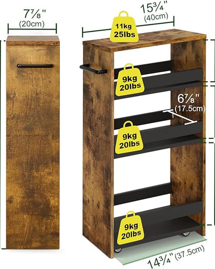 TEAMIX 4 Tier Slim Storage Cart with Handle, Slide Out Storage Rolling Utility Cart Mobile Shelving Unit Organizer Trolley for Small Spaces Kitchen Laundry Narrow Places (Brown+Black, 7-7/8'' W) - LeafyLoom