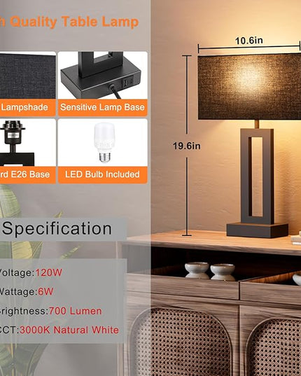 Nightstand Table Lamps for Bedrooms Set of 2 - Touch Bedside Lamp with USB C+A, 3 Way Dimmable Living Room Lamps for End Tables Set of 2, Modern Night Stand Lamps for Bed Side Guest Room(Black) - LeafyLoom