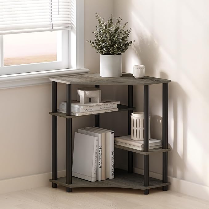 Furinno Turn-N-Tube Multipurpose Corner Shelf, Display Rack, Bookshelf, French Oak/Black - LeafyLoom