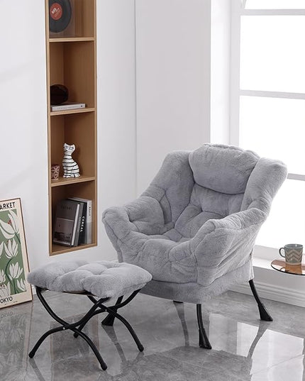 Lazy Chair with Ottoman, Modern Soft Reading Chair Accent Contemporary Lounge Leisure Sofa Chair with Armrests and a Side Pocket for Living Room, Bedroom, Dorm & Office, Plush Grey - LeafyLoom