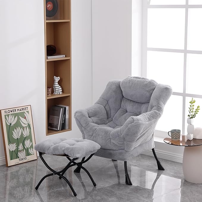 Lazy Chair with Ottoman, Modern Soft Reading Chair Accent Contemporary Lounge Leisure Sofa Chair with Armrests and a Side Pocket for Living Room, Bedroom, Dorm & Office, Plush Grey - LeafyLoom